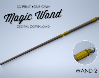 May include: A digitally rendered magic wand design. The wand has a gray shaft with gold-colored accents and a decorative orb at the tip. Text reads "3D PRINT YOUR OWN Magic Wand DIGITAL DOWNLOAD" and "WAND 2".