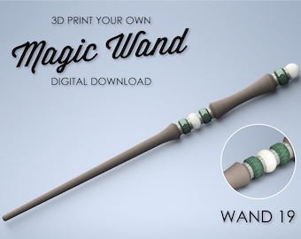 Może przedstawiać: Projekt czarodziejskiej różdżki do druku 3D, z brązowym drewnianym uchwytem i zielonymi i białymi akcentami. Tekst "3D Print Your Own Magic Wand" i "Digital Download" jest wyświetlany nad różdżką. Tekst "Wand 19" jest wyświetlany pod różdżką.
