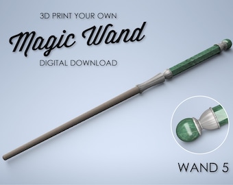 Może przedstawiać: Projekt magicznej różdżki do druku 3D, oznaczony jako "Wand 5". Różdżka jest zielona i srebrna z okrągłym zielonym klejnotem na końcu. Wydrukuj własną magiczną różdżkę w 3D, Pobierz cyfrowo.