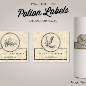 May include: Digital download of potion labels with vintage illustrations. Includes labels for Dragon Heartstrings, Phoenix Feathers, and Unicorn Hairs. The labels are designed with a parchment-like background and are suitable for magic-themed crafts.