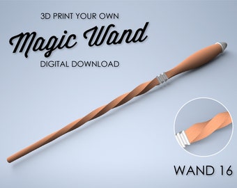 Może przedstawiać: Cyfrowo wyrenderowana magiczna różdżka o skręconym wzorze. Różdżka jest głównie brązowa ze srebrnymi akcentami i zaokrąglonym uchwytem. Tekst na obrazku brzmi "3D PRINT YOUR OWN Magic Wand DIGITAL DOWNLOAD" i "WAND 16".