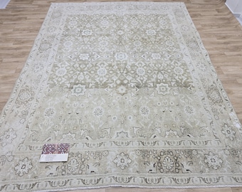 Tappeto Oushak vintage 8x10: tappeto turco in lana verde neutro