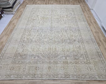 Può includere: Un grande tappeto rettangolare beige con un intricato motivo floreale sbiadito. Il tappeto ha un bordo dettagliato ed è posto su un pavimento in legno. Il design del tappeto presenta un medaglione centrale e motivi ripetuti.