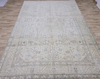 8x11 Vintage Turkish Oushak Rug: Neutral Wool Area Carpet
