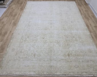 8x11 Vintage Turkish Oushak Rug: Handknotted Wool Carpet, Neutral Decor