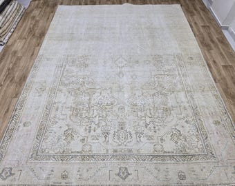 8x11 Vintage Turkish Oushak Rug: Handknotted Wool Carpet, Neutral Decor