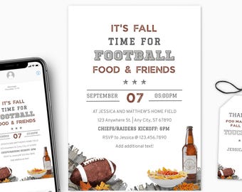 Fall Football Party Invitation: Football, Food & Friends Invite, Kickoff, Editable Template