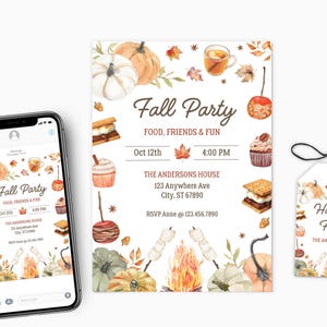 Op de afbeelding: Een herfst-thema uitnodigingsset met een smartphone met de uitnodiging, een gedrukte uitnodiging en een cadeaulabel. Het ontwerp bevat pompoenen, herfstbladeren en voedselillustraties. De tekst luidt "Fall Party" en evenementdetails.
