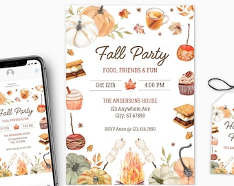 Fall Party Invitation: Autumn Harvest Gathering, S'mores & Bonfire, All Things Fall, Editable Template