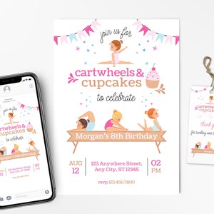 Gymnastics Birthday Invitation, Gymnastics Party Invite, Cupcakes and Cartwheels, Tumbling Invite, Editable Template, Instant Download