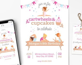Gymnastics Birthday Invitation, Gymnastics Party Invite, Cupcakes and Cartwheels, Tumbling Invite, Editable Template, Instant Download