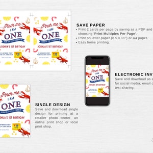 May include: Printable invitation for a first birthday party with a crawfish theme. The invitation features a red crawfish with the text "Pinch me I am one" and "Join us to celebrate Joshua's 1st Birthday".