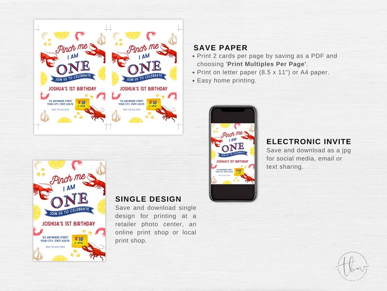 May include: Printable invitation for a first birthday party with a crawfish theme. The invitation features a red crawfish with the text "Pinch me I am one" and "Join us to celebrate Joshua's 1st Birthday".