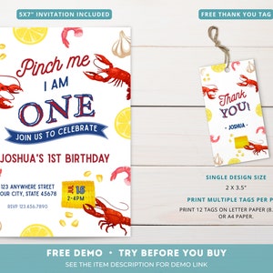 May include: A printable 5x7 inch invitation for a first birthday party with a crawfish theme. The invitation features a red crawfish, lemons, garlic, corn, and the text "Pinch me I am one. Join us to celebrate Joshua's 1st Birthday".