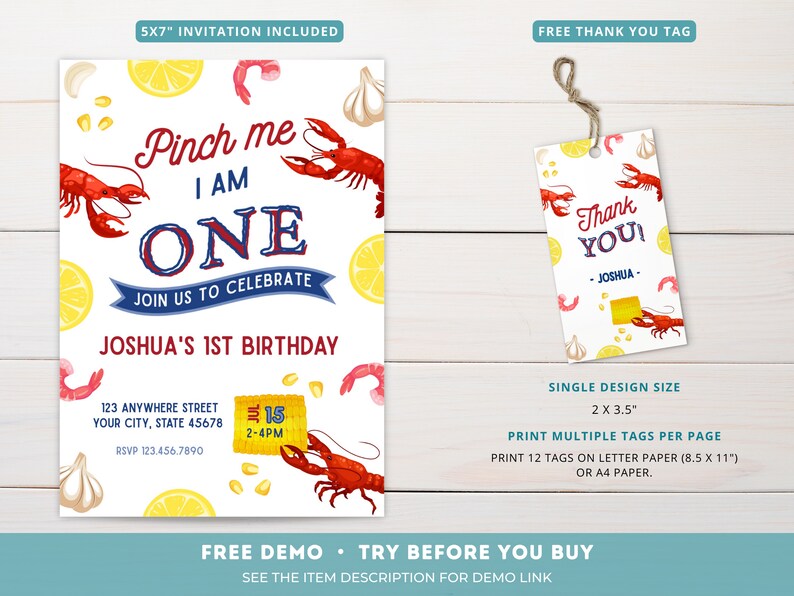 May include: A printable 5x7 inch invitation for a first birthday party with a crawfish theme. The invitation features a red crawfish, lemons, garlic, corn, and the text "Pinch me I am one. Join us to celebrate Joshua's 1st Birthday".