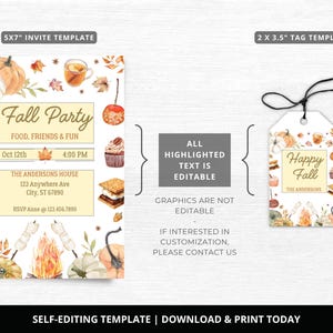 May include: A fall-themed invitation and tag template with watercolor illustrations of pumpkins, leaves, and treats. The invitation reads "Fall Party" with event details. The tag says "Happy Fall". The text is editable.