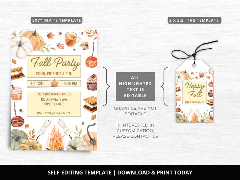 May include: A fall-themed invitation and tag template with watercolor illustrations of pumpkins, leaves, and treats. The invitation reads "Fall Party" with event details. The tag says "Happy Fall". The text is editable.