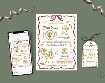 May include: A Christmas dinner invitation with a gold and red color scheme. The invitation features a hand-drawn illustration of a gingerbread man, a plate of food, and a Santa Claus in a martini glass. The text reads "Please join us for Christmas Dinner. Let's have a holly jolly good time! Dec. 25th at 4:00 PM. Hosted by the Petersons. 125 Anywhere Street, Your City, ST 67890. RSVP to Anne @ 123-456-7890."