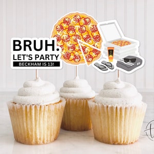Bruh Verjaardag Cupcake Toppers, Bruh Het is mijn verjaardag, Pizza Pool Party Cupcake Picks, Zwemmen Party, Teen Boy Verjaardagsuitnodiging, 0136V2