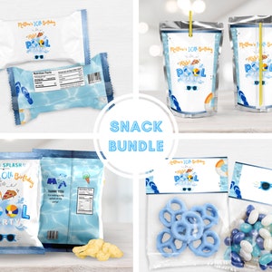 Pool Party Leckerli Tisch Bundle, Pizza und Pool Party Leckerli Etiketten, Junge Schwimmen Party Dekor, Sofort Download, Bearbeitbare Vorlage 0102V2-B1