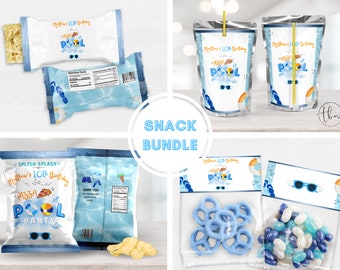 May include: A set of printable party favour bags for a pool party. The bags feature a blue and white pool party theme with the text "Splish Splash Matthew's 10th Birthday Pizza Pool Party".