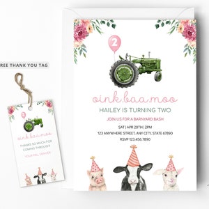 Farm Animals Invite, Barnyard Invitation, Tractor Invite, Second Birthday Party, Girl Farm Birthday, Editable Invitation