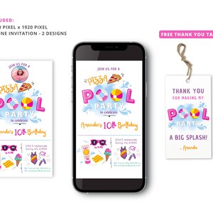 Pizza Pool Party, Pizza Party Phone Invite, Pizza and Pool Party Electronic Invite, Girl Pool Party, Text Mobile Invite, Editable Template