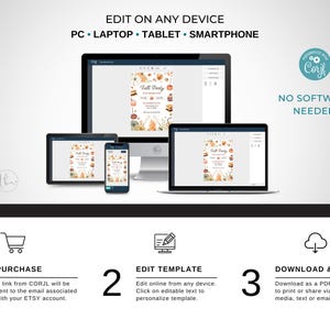 May include: Digital invitation template displayed on a desktop computer, laptop, tablet, and smartphone. The invitation design features fall-themed graphics and text that reads "Fall Party." Instructions for purchase, editing, and sharing are also shown.