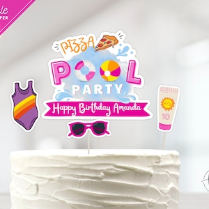 Pool Party Cake Topper, Pizza Pool Party, Pool Party Cake Decor, Instant Download, Bewerkbare Cake Topper, Girl Pool Party, 0102V1