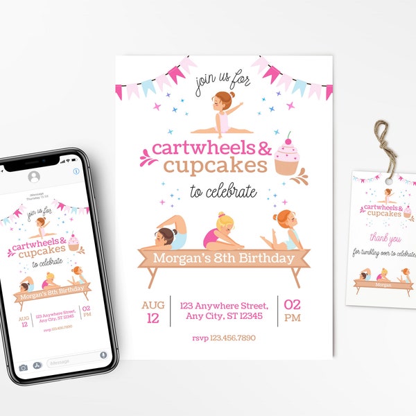 Gymnastics Birthday Invitation, Gymnastics Party Invite, Cupcakes and Cartwheels, Tumbling Invite, Editable Template, Instant Download