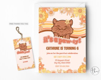 Fiesta de cumpleaños del gato, cumpleaños del gatito, cumpleaños maravilloso, invitación de la pata, invitación de la chica retro, cumpleaños del gato del gatito, plantilla editable