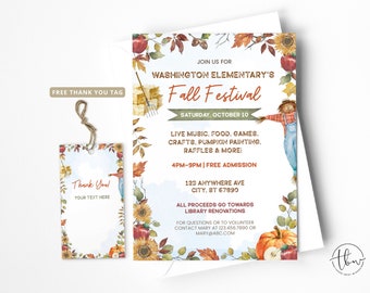 May include: An invitation to a Fall Festival at Washington Elementary School. The invitation features a watercolor illustration of a scarecrow, pumpkins, sunflowers, and fall leaves. The event is on Saturday, October 10th from 4pm to 9pm. Admission is free. The event will include live music, food, games, crafts, pumpkin painting, raffles, and more. All proceeds go towards library renovations. Contact Mary at 123.456.7890 or mary@abc.com for questions or to volunteer.