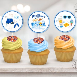 Pool Party Cupcake Toppers, Pizza Party Decor, Boy Dessert Snack Favors, Instant Download, Editable Template 0102V2