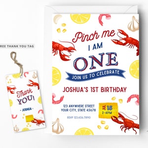 May include: A white thank you tag with a red crawfish, yellow lemons, and corn on the cob. The text "Thank You!" is in red and the text "Joshua" is in black.