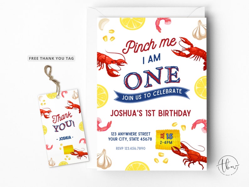 May include: A white thank you tag with a red crawfish, yellow lemons, and corn on the cob. The text "Thank You!" is in red and the text "Joshua" is in black.