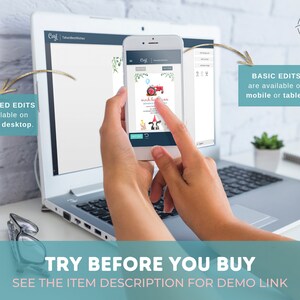 May include: A laptop computer screen shows a digital invitation design for a birthday party. The invitation features a red toy truck with a blue and white balloon. The text on the invitation reads "It's a Boy!" The screen is being viewed on a smartphone. The text "TRY BEFORE YOU BUY" and "SEE THE ITEM DESCRIPTION FOR DEMO LINK" is displayed below the image.