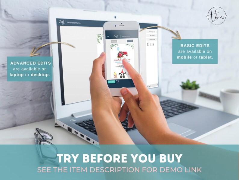 May include: A laptop computer screen shows a digital invitation design for a birthday party. The invitation features a red toy truck with a blue and white balloon. The text on the invitation reads "It's a Boy!" The screen is being viewed on a smartphone. The text "TRY BEFORE YOU BUY" and "SEE THE ITEM DESCRIPTION FOR DEMO LINK" is displayed below the image.