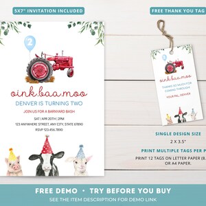 May include: A red and blue tractor with a blue balloon and the text "oink.baa.moo Denver is turning two" on a white background. The text below the tractor says "Join us for a barnyard bash Sat Apr 20th 2pm 123 Anywhere Street, Any City, State 67890 RSVP 123.456.7890".