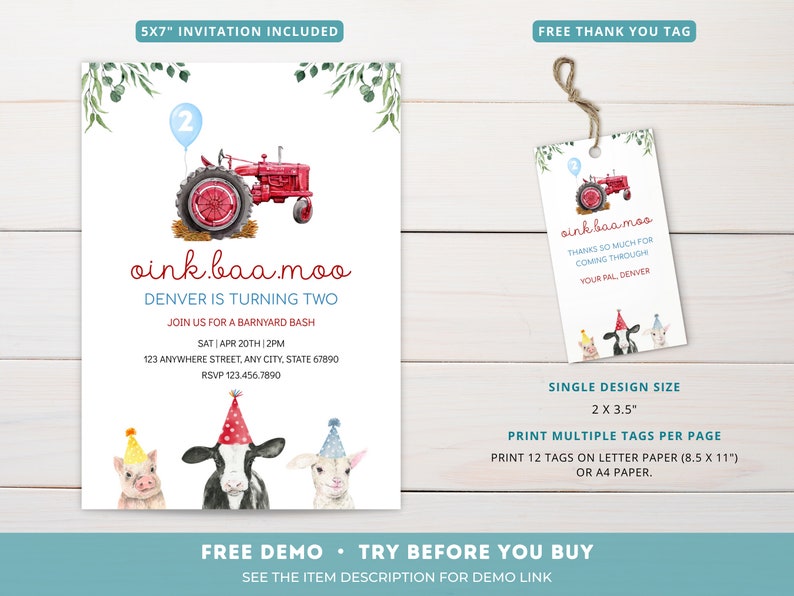 May include: A red and blue tractor with a blue balloon and the text "oink.baa.moo Denver is turning two" on a white background. The text below the tractor says "Join us for a barnyard bash Sat Apr 20th 2pm 123 Anywhere Street, Any City, State 67890 RSVP 123.456.7890".