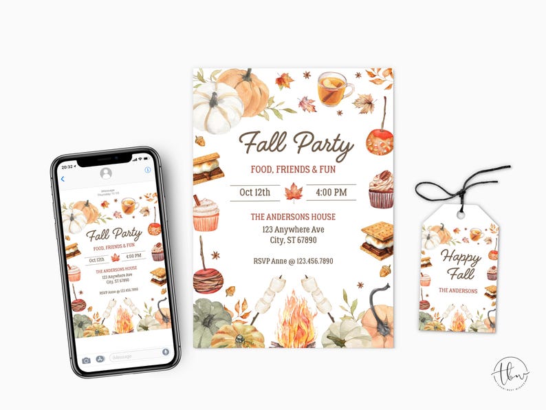 May include: A fall-themed invitation suite with a smartphone displaying the invitation, a printed invitation, and a gift tag. The design features pumpkins, fall leaves, and food illustrations. The text reads "Fall Party" and event details.