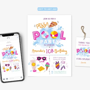 Pizza Pool Party uitnodiging, Pool Party uitnodiging, Pizza en Pool Party, meisje zwemmen Party, Instant Download, bewerkbare sjabloon 0102V1