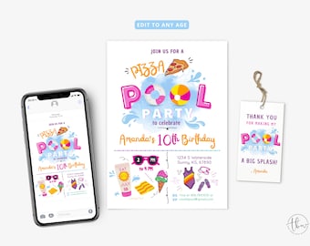 Pizza Pool Party Invitation, Pool Party Invitation, Pizza and Pool Party, Girl Swimming Party, Instant Download, Editable Template 0102V1