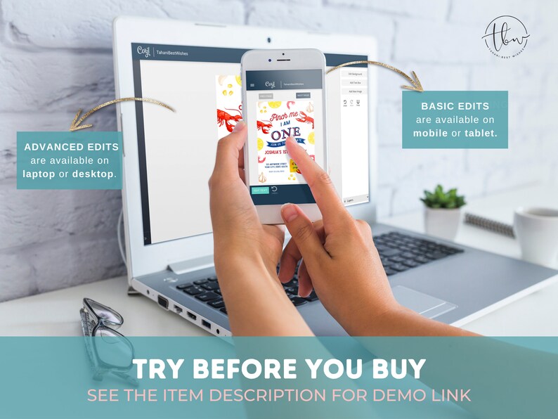 May include: A computer screen displaying a customisable invitation template for a first birthday party. The template features a red lobster with the text "Pinch me I am one" and a yellow lemon. The text "Advanced Edits are available on laptop or desktop" is displayed on the left side of the image. The text "Basic Edits are available on mobile or tablet" is displayed on the right side of the image. The text "Try Before You Buy See the Item Description for Demo Link" is displayed at the bottom of the image.