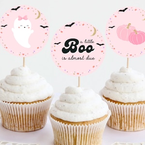 Halloween Baby Shower Cupcake Toppers Printable Pink Baby Shower Dessert Toppers Girl Fall Baby Shower A Little Boo Is Almost Due 0151V1