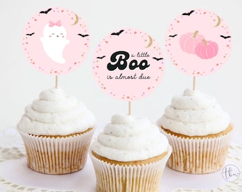 Halloween Baby Shower Cupcake Toppers: Ghost, Girl A Little Boo Is Almost Due 0151V1