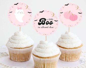 Halloween Baby Shower Cupcake Toppers Printable Pink Baby Shower Dessert Toppers Girl Fall Baby Shower A Little Boo Is Almost Due 0151V1