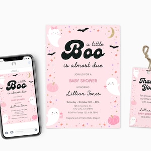 May include: A pink and black baby shower invitation with a ghost and pumpkin design. The text reads "a little Boo is almost due".
