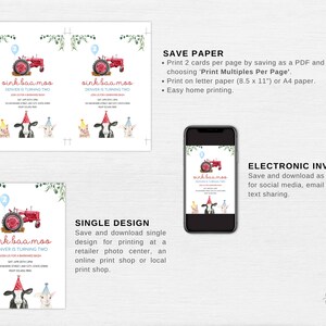 May include: Printable invitation for a child's second birthday party with a farm theme. The invitation features a red tractor, a cow, a pig, and a lamb. The text on the invitation says "oink baa moo Denver is turning two".