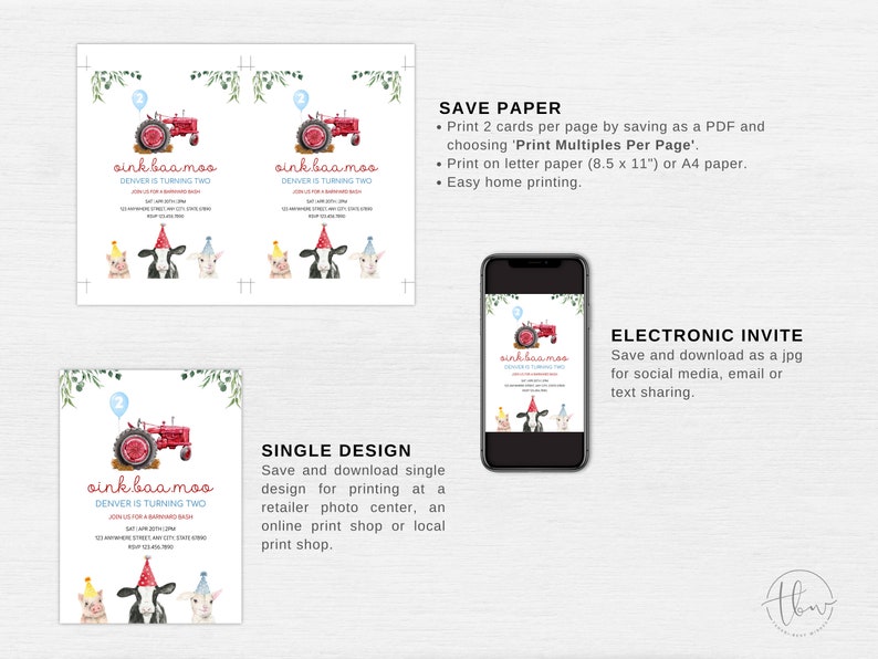 May include: Printable invitation for a child's second birthday party with a farm theme. The invitation features a red tractor, a cow, a pig, and a lamb. The text on the invitation says "oink baa moo Denver is turning two".