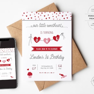 Convite de amorzinho, primeiro aniversário do dia dos namorados, doce, convite de primeiro aniversário, download instantâneo, modelo digital editável